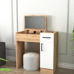 Toeletta Marrone Rovere Bianco Specchio Incluso un Cassetto 77x37x109h cm, 2 Ante - Rodano