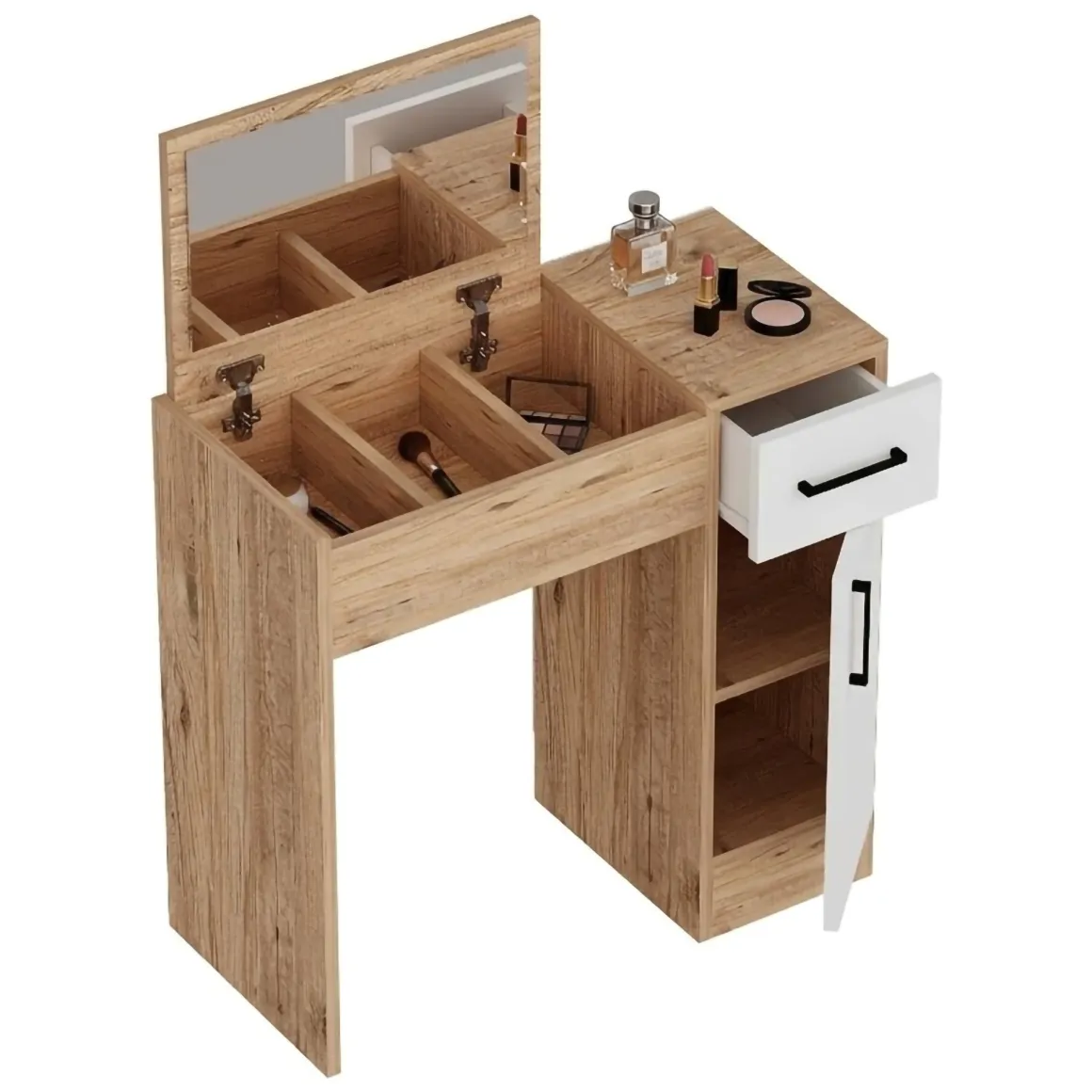 Toeletta Marrone Rovere Bianco Specchio Incluso un Cassetto 77x37x109h cm, 2 Ante - Rodano
