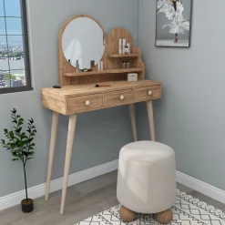 Toelette Trucco > Dmora Toeletta Marrone Rovere Marrone Beige Specchio Incluso 3 Cassetti 74x35x131h cm, Colore Ripiano Marrone - Larino Beige, Marrone Rovere