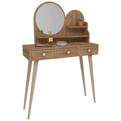 Toelette Trucco > Dmora Toeletta Marrone Rovere Marrone Beige Specchio Incluso 3 Cassetti 74x35x131h cm, Colore Ripiano Marrone - Larino Beige, Marrone Rovere