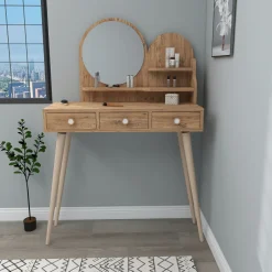 Toelette Trucco > Dmora Toeletta Marrone Rovere Marrone Beige Specchio Incluso 3 Cassetti 74x35x131h cm, Colore Ripiano Marrone - Larino Beige, Marrone Rovere