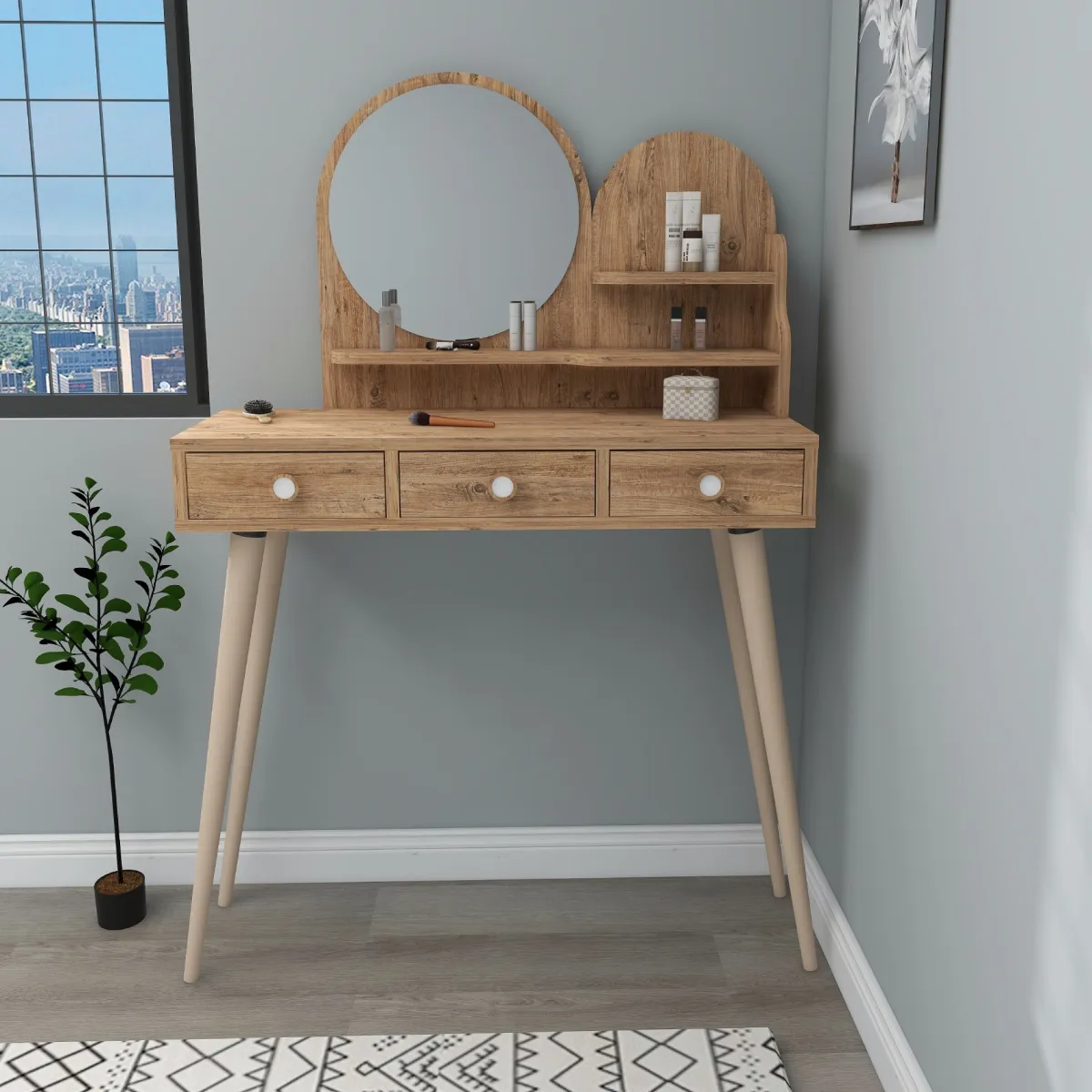 Toelette Trucco > Dmora Toeletta Marrone Rovere Marrone Beige Specchio Incluso 3 Cassetti 74x35x131h cm, Colore Ripiano Marrone - Larino Beige, Marrone Rovere