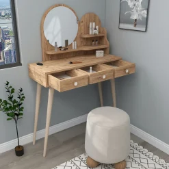 Toelette Trucco > Dmora Toeletta Marrone Rovere Marrone Beige Specchio Incluso 3 Cassetti 74x35x131h cm, Colore Ripiano Marrone - Larino Beige, Marrone Rovere