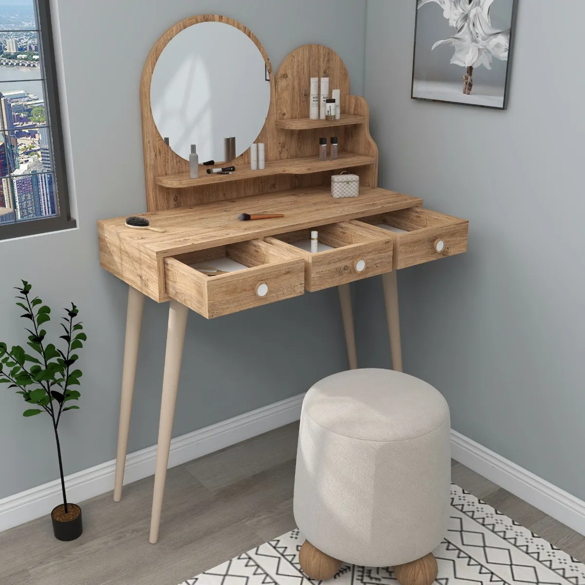Toelette Trucco > Dmora Toeletta Marrone Rovere Marrone Beige Specchio Incluso 3 Cassetti 74x35x131h cm, Colore Ripiano Marrone - Larino Beige, Marrone Rovere