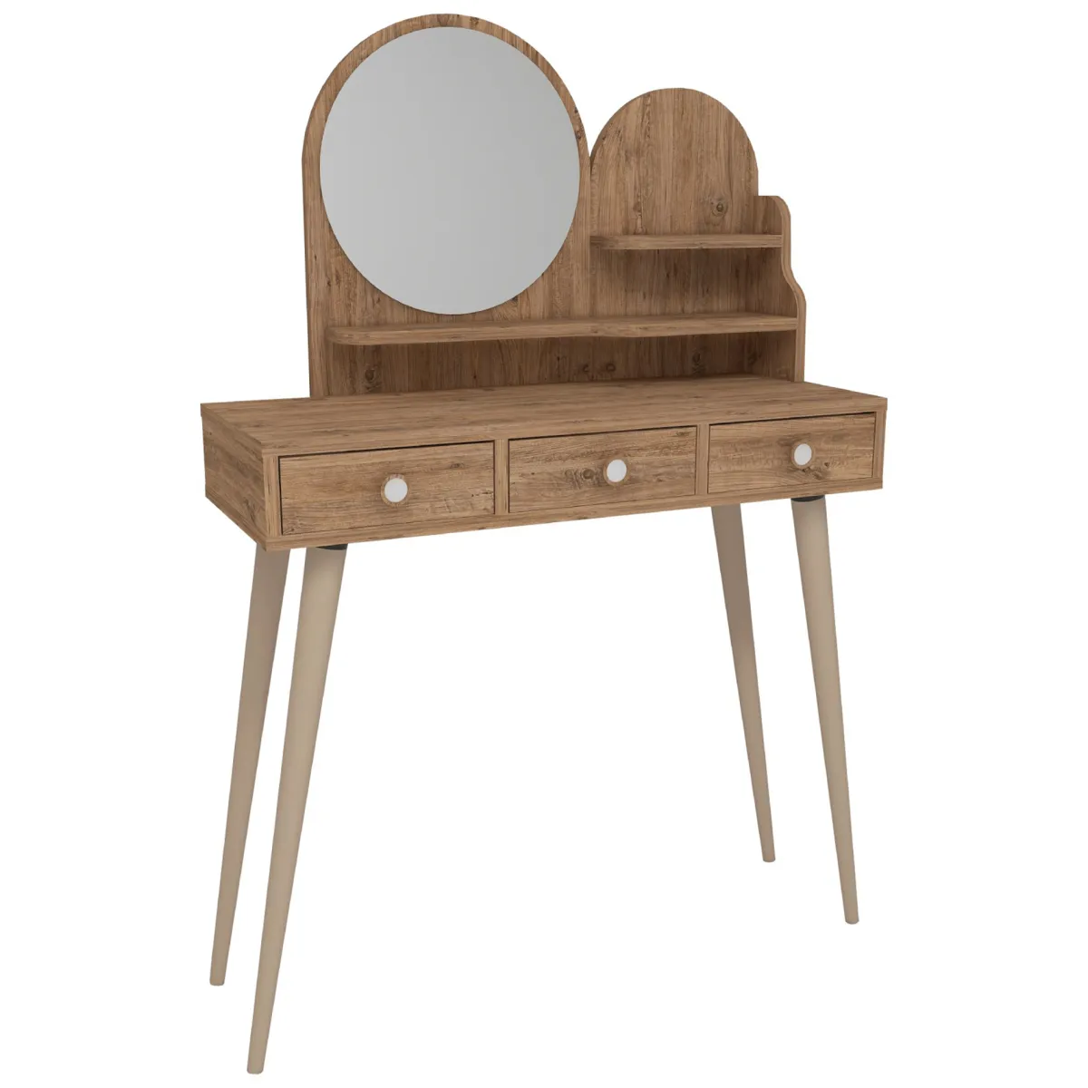 Toelette Trucco > Dmora Toeletta Marrone Rovere Marrone Beige Specchio Incluso 3 Cassetti 74x35x131h cm, Colore Ripiano Marrone - Larino Beige, Marrone Rovere