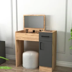 Toeletta Marrone Rovere Nero Antracite Specchio Incluso un Cassetto 77x37x109h cm, 2 Ante - Rodano