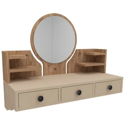 Toeletta Marrone Rovere Nodi Beige Specchio Incluso 3 Cassetti 90x37x75h cm, Colore Struttura Beige - Canistro