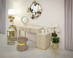 Toelette Trucco > Dmora Toeletta moderna porta trucchi 120x40x75h cm crema e oro - Apoteosi Oro, Bianco Crema