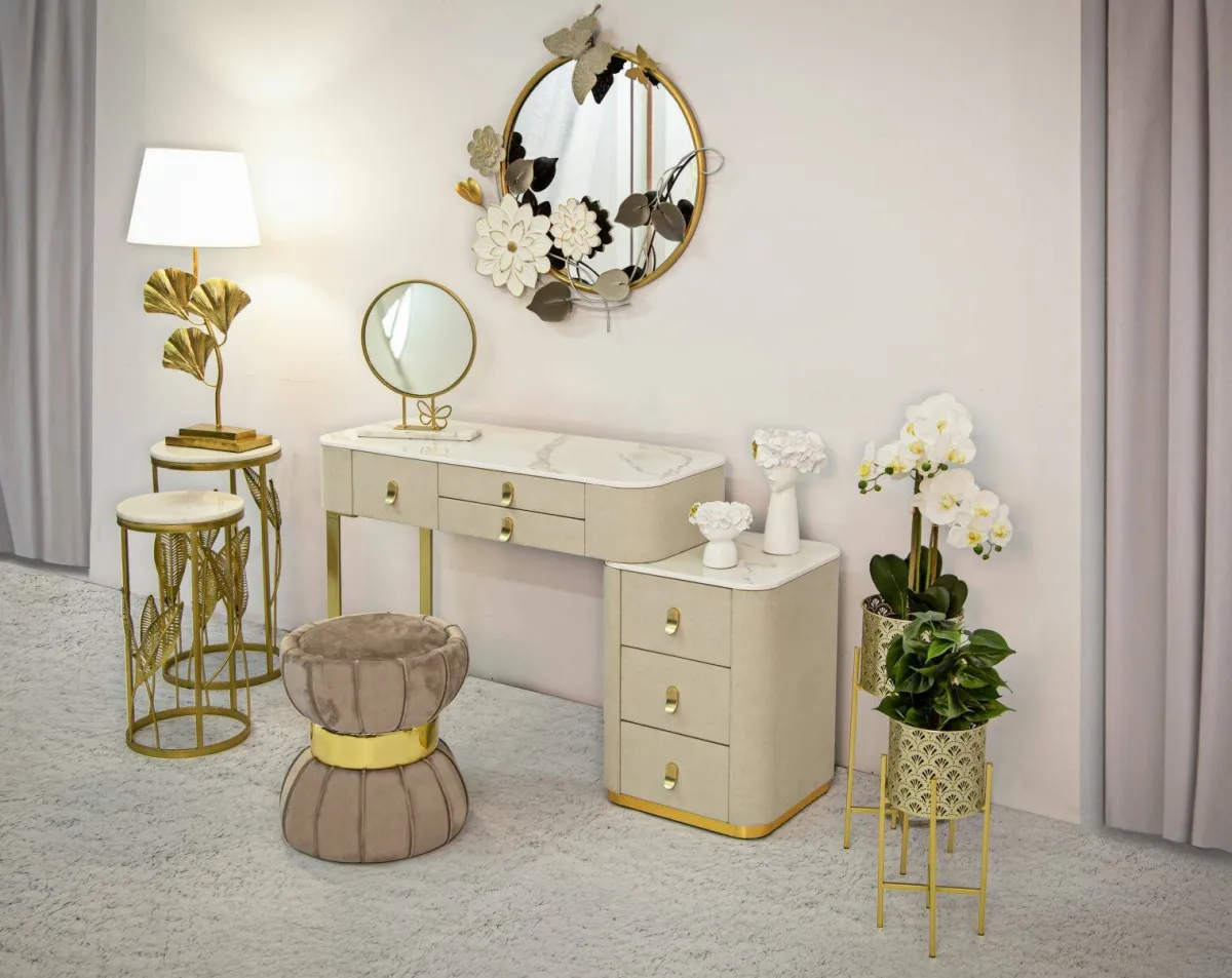 Toelette Trucco > Dmora Toeletta moderna porta trucchi 120x40x75h cm crema e oro - Apoteosi Oro, Bianco Crema