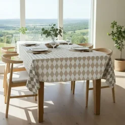 Tovaglia rettangolare no stiro 320x140 cm, tortora e bianco - Acrobata - By Sarah Balivo