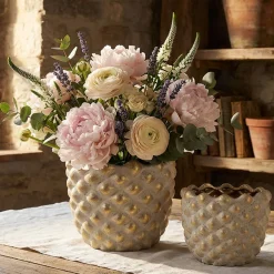 Oggettistica > Dmora Vaso Beige oro set 2 Vasi, Finitura Geometrica a Rilievo Colore Struttura oro, Diametro Vaso Grande: 14, Vaso Piccolo: 9 cm - Taiping Oro, Beige