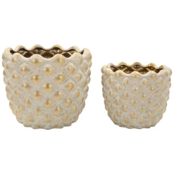Oggettistica > Dmora Vaso Beige oro set 2 Vasi, Finitura Geometrica a Rilievo Colore Struttura oro, Diametro Vaso Grande: 14, Vaso Piccolo: 9 cm - Taiping Oro, Beige
