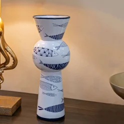 Oggettistica > Dmora Vaso Bianco blu Disegni con Pesci Colore Struttura blu, - Silva Blu, Bianco