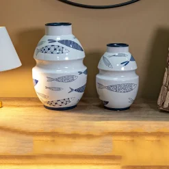Vaso Bianco blu Disegni con Pesci Colore Struttura blu, Diametro 7.5 cm - Cosmo