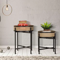 Oggettistica > Dmora Vaso Marrone Nero set da 2, Dettaglio Effetto Paglia di Vienna Colore Struttura Nero, Materiale Struttura in Metallo - Darenate Nero, Marrone