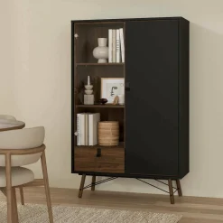Vetrine > Dmora Vetrina 2 ante 101x40x161h cm nera e noce - Mora Marrone, Nero Noce