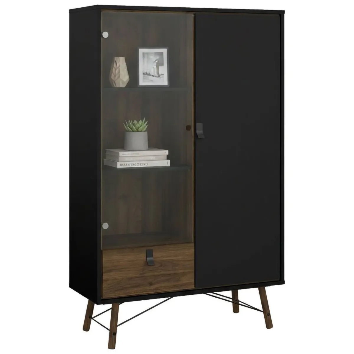 Vetrine > Dmora Vetrina 2 ante 101x40x161h cm nera e noce - Mora Marrone, Nero Noce