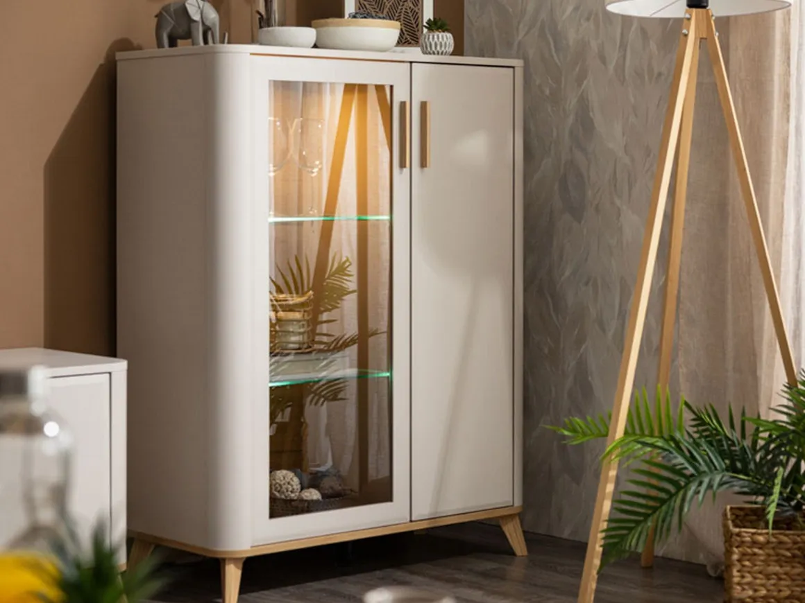 Vetrina Beige Marrone Rovere Nodi 4 Ripiani Apertura Battente 90x40x116.5h cm, 2 Ante - Castella
