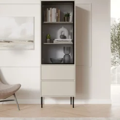 Vetrine > Dmora Vetrina Beige Nero 2 Ripiani 2 Cassetti 60x40x185h cm, Un'anta - Zanica Nero, Beige Cashmere