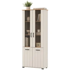 Vetrine > Dmora Vetrina Bianco Crema Marrone Rovere Nodi 4 Ripiani Un'anta 50x36x191h cm, con Piedini, Anta Dettaglio Vetro - Entrac Marrone Rovere nodi, Bianco Crema
