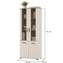Vetrina Bianco Crema Marrone Rovere Nodi 4 Ripiani 2 Ante 79x36x191h cm, con Piedini, Anta Dettaglio Vetro - Tadas