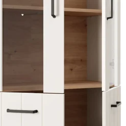 Vetrina Bianco Crema Marrone Rovere Nodi 4 Ripiani 2 Ante 79x36x191h cm, con Piedini, Anta Dettaglio Vetro - Tadas