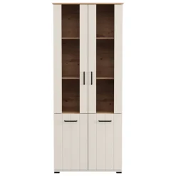 Vetrina Bianco Crema Marrone Rovere Nodi 4 Ripiani 2 Ante 79x36x191h cm, con Piedini, Anta Dettaglio Vetro - Tadas