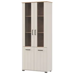 Vetrina Bianco Crema Marrone Rovere Nodi 4 Ripiani 2 Ante 79x36x191h cm, con Piedini, Anta Dettaglio Vetro - Tadas