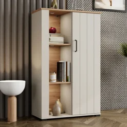 Vetrina Bianco Crema Marrone Rovere Nodi 4 Ripiani Un'anta 79x36x127h cm, 6 Vani - Farra