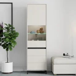 Vetrine > Dmora Vetrina Bianco Crema Nero 4 Ripiani 2 Ante 55x40x193h cm, con Piedini, Anta e Ripiano Dettaglio Vetro - Ovodda Nero, Bianco Crema