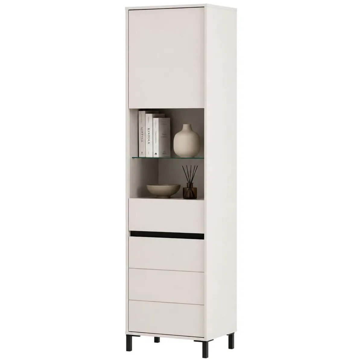 Vetrine > Dmora Vetrina Bianco Crema Nero 4 Ripiani 2 Ante 55x40x193h cm, con Piedini, Anta e Ripiano Dettaglio Vetro - Ovodda Nero, Bianco Crema