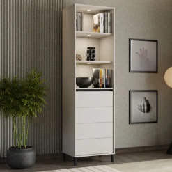 Vetrina Bianco Crema Nero 4 Ripiani Apertura Battente 55x40x193h cm, Un'anta - Calto