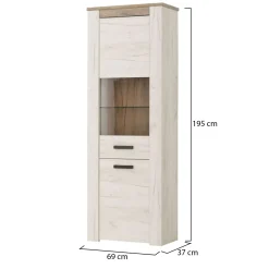 Vetrine > Dmora Vetrina Bianco Larice Marrone 4 Ripiani Apertura Battente 68.5x36.5x195h cm, Un'anta - Sulbiate Marrone, Bianco Larice