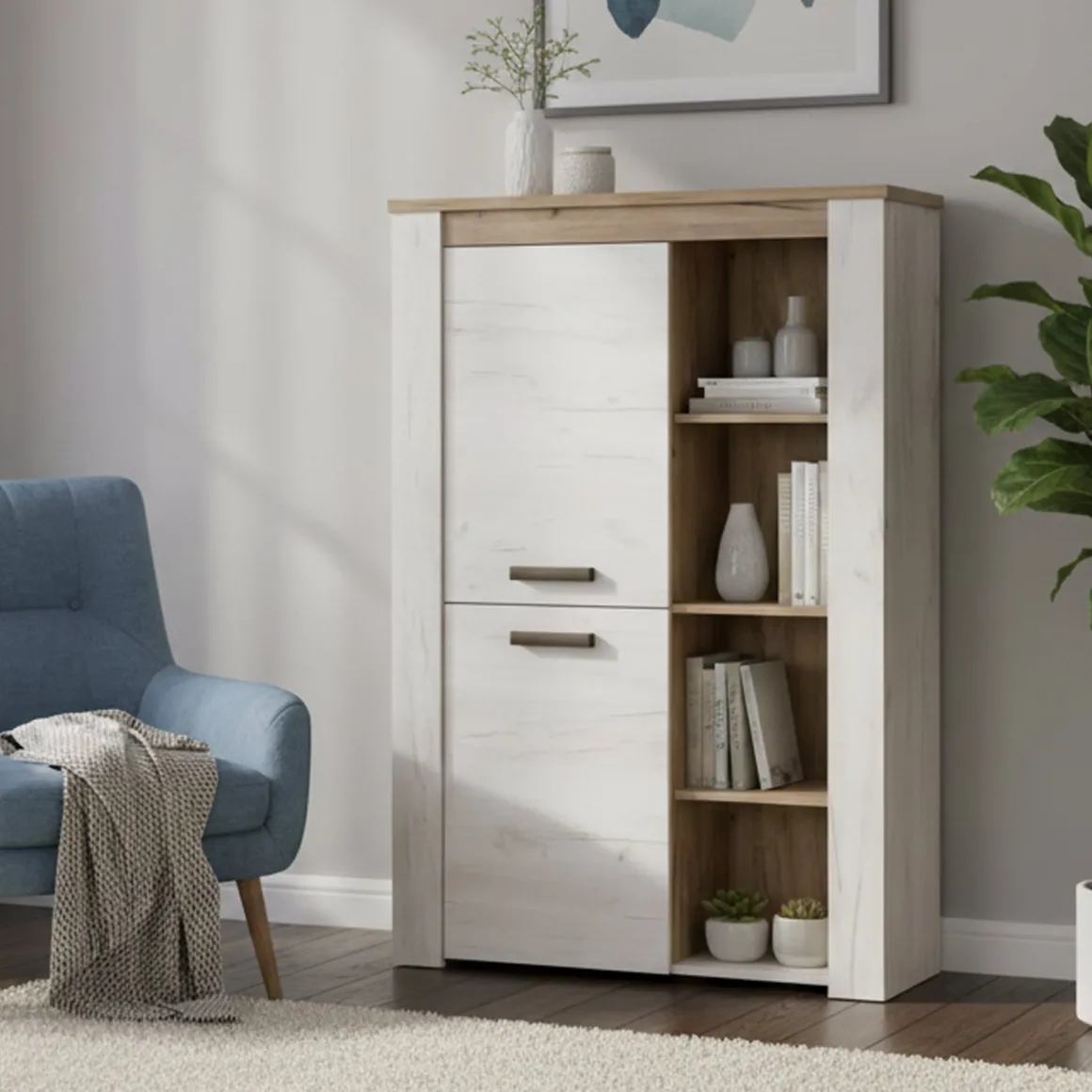 Vetrina Bianco Larice Marrone Rovere Nodi 6 Ripiani Apertura Battente 99.5x36.5x146.5h cm, 2 Ante - Sagama