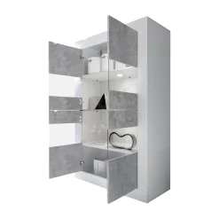 Vetrine > Dmora Vetrina Bianco Lucido Grigio Cemento 3 Ripiani 2 Ante 101.4x42x161.2h cm, Apertura con Maniglia - Suzzara Grigio Cemento, Bianco Lucido