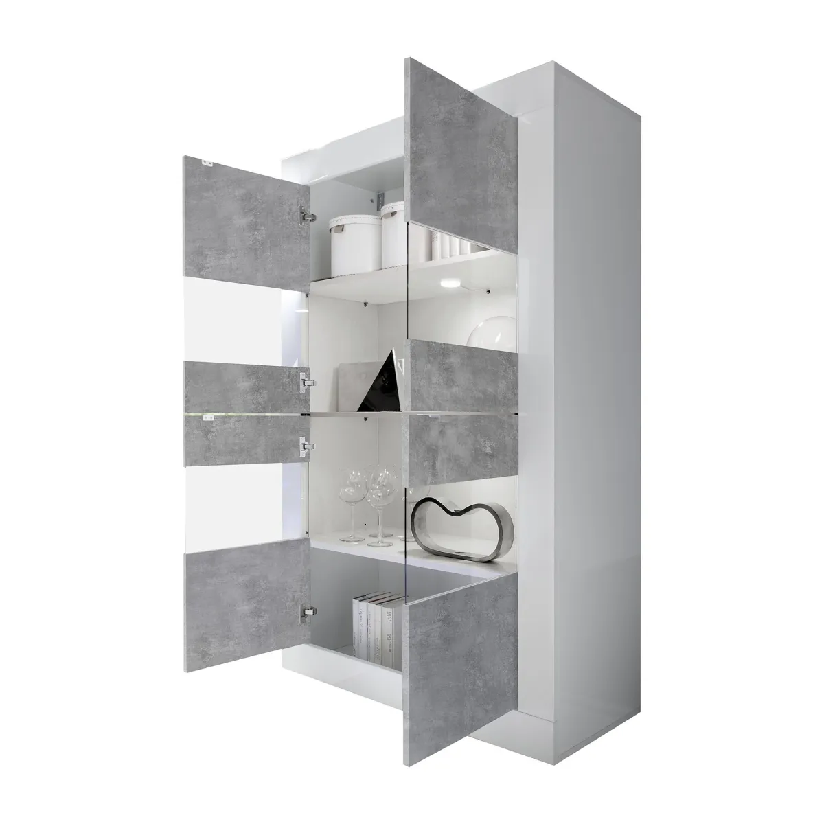 Vetrine > Dmora Vetrina Bianco Lucido Grigio Cemento 3 Ripiani 2 Ante 101.4x42x161.2h cm, Apertura con Maniglia - Suzzara Grigio Cemento, Bianco Lucido