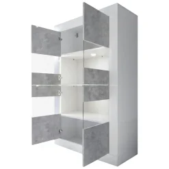 Vetrine > Dmora Vetrina Bianco Lucido Grigio Cemento 3 Ripiani 2 Ante 101.4x42x161.2h cm, Apertura con Maniglia - Suzzara Grigio Cemento, Bianco Lucido