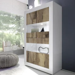Vetrine > Dmora Vetrina Bianco Lucido Marrone Rovere 2 Ripiani Un'anta 72x40x154h cm, con led - Kato Marrone Rovere, Bianco Lucido