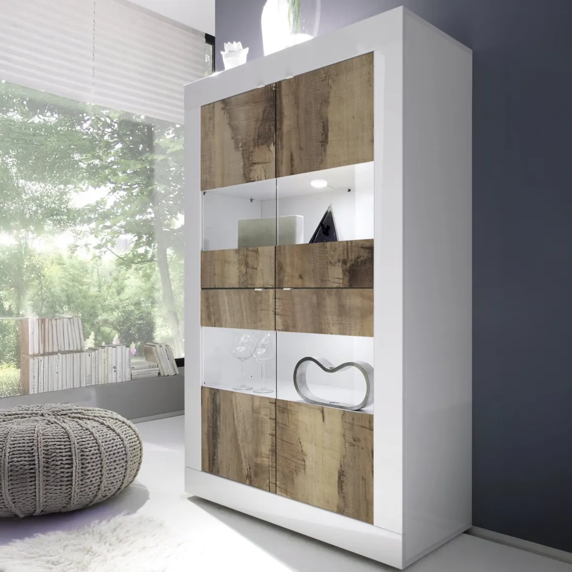 Vetrine > Dmora Vetrina Bianco Lucido Marrone Rovere 2 Ripiani Un'anta 72x40x154h cm, con led - Kato Marrone Rovere, Bianco Lucido