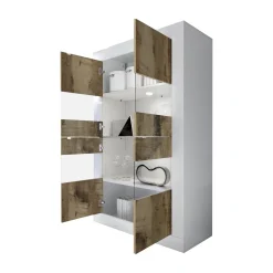 Vetrine > Dmora Vetrina Bianco Lucido Marrone Rovere 2 Ripiani Un'anta 72x40x154h cm, con led - Kato Marrone Rovere, Bianco Lucido