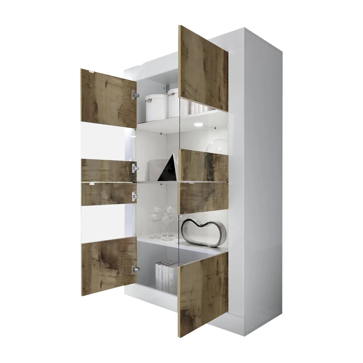 Vetrine > Dmora Vetrina Bianco Lucido Marrone Rovere 2 Ripiani Un'anta 72x40x154h cm, con led - Kato Marrone Rovere, Bianco Lucido