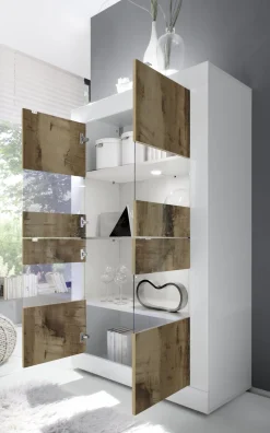 Vetrine > Dmora Vetrina Bianco Lucido Marrone Rovere 2 Ripiani Un'anta 72x40x154h cm, con led - Kato Marrone Rovere, Bianco Lucido