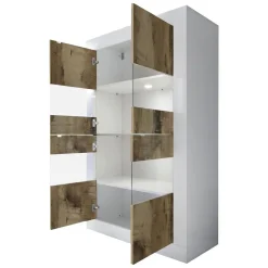 Vetrina Bianco Lucido Marrone Pero 2 Ante Colore Struttura Marrone 101.4x42x161.2h cm, Colore Ripiano Bianco - Suzzara