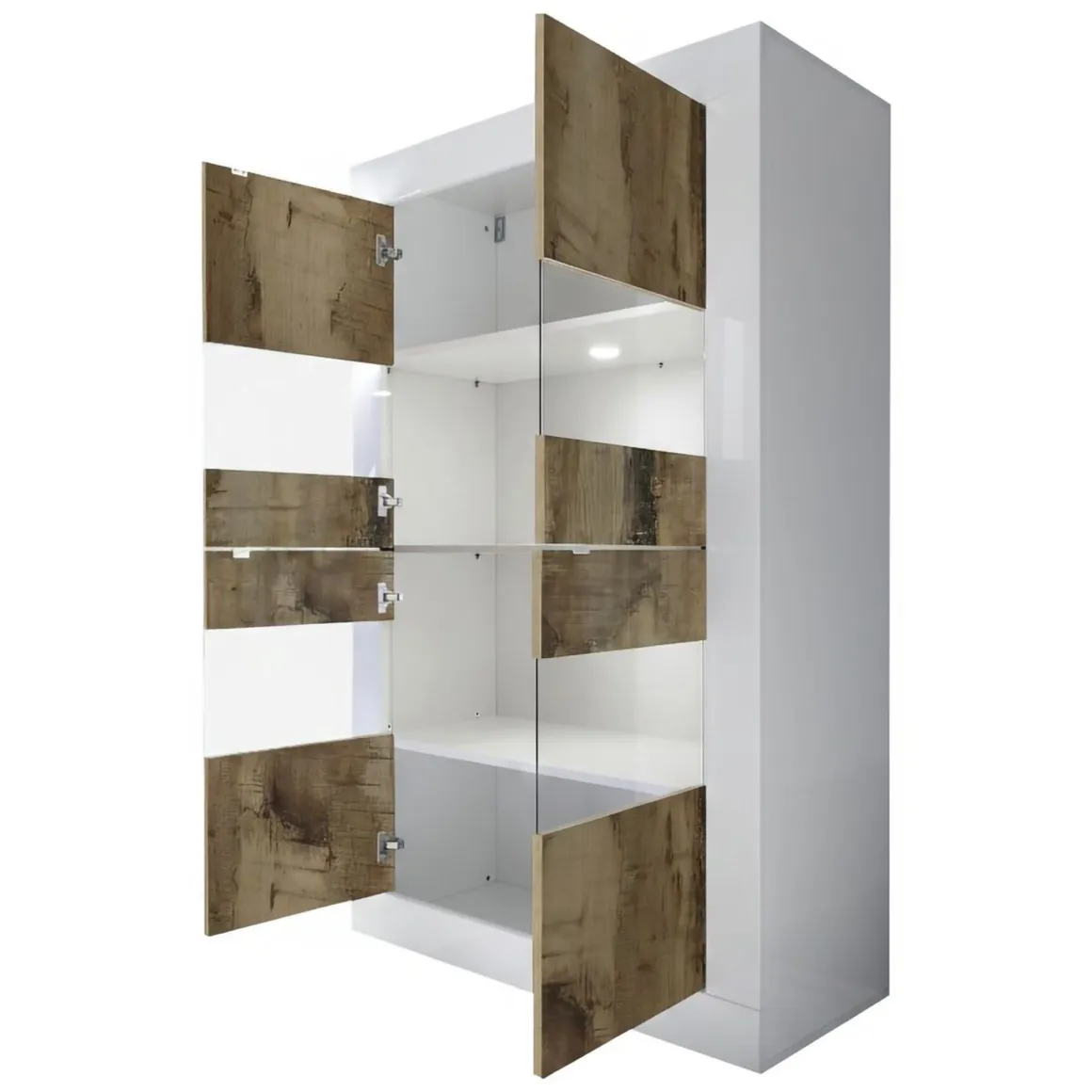Vetrina Bianco Lucido Marrone Pero 2 Ante Colore Struttura Marrone 101.4x42x161.2h cm, Colore Ripiano Bianco - Suzzara