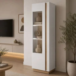 Vetrine > Dmora Vetrina Bianco Lucido Marrone Rovere 8 Ripiani 2 Ante 121x44x169h cm, Apertura Standard - Gorizia Marrone Rovere, Bianco Lucido