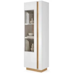 Vetrine > Dmora Vetrina Bianco Lucido Marrone Rovere 8 Ripiani 2 Ante 121x44x169h cm, Apertura Standard - Gorizia Marrone Rovere, Bianco Lucido