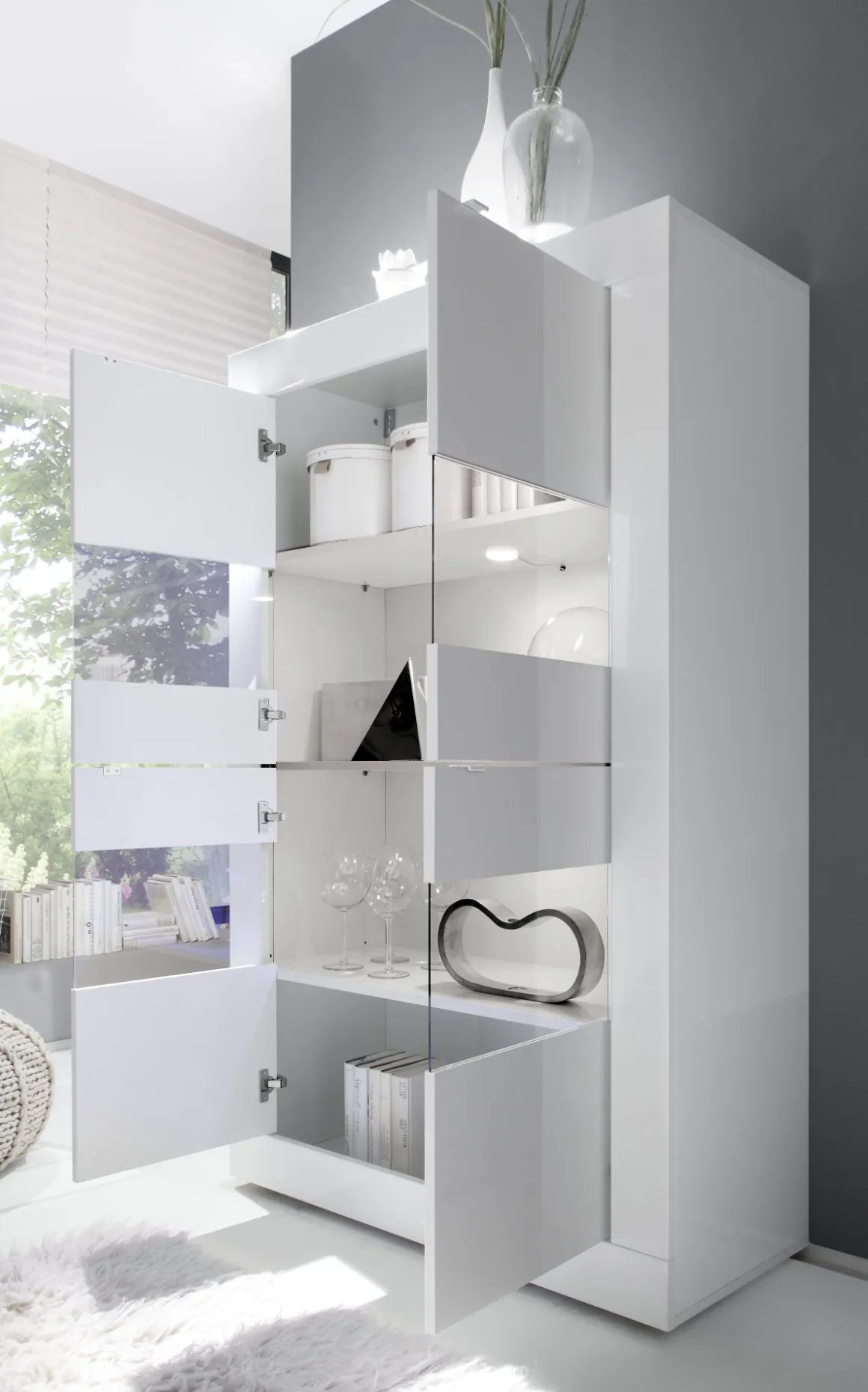 Vetrina Bianco Lucido 3 Ripiani Apertura con Maniglia 101.4x42x161.2h cm, 2 Ante - Suzzara