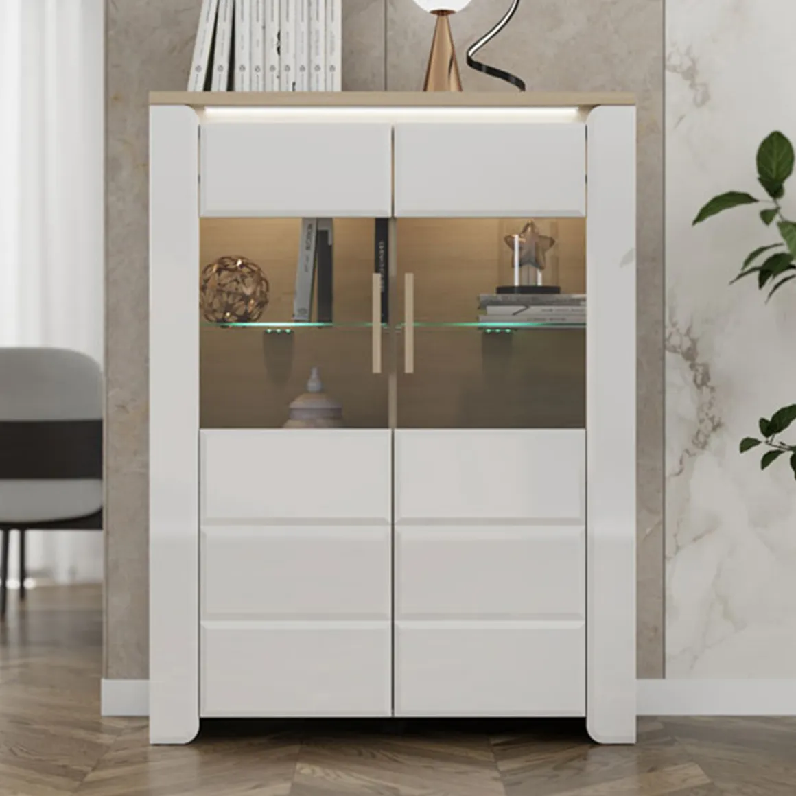 Vetrina Bianco Opaco Marrone Rovere 2 Ripiani 2 Ante 96x35x130h cm, Anta e Ripiani Dettaglio Vetro - Erto