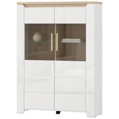 Vetrine > Dmora Vetrina Bianco Opaco Marrone Rovere Nodi 4 Ripiani 2 Ante 60x34x191h cm, con Piedini - Doreno Marrone Rovere nodi, Bianco Opaco