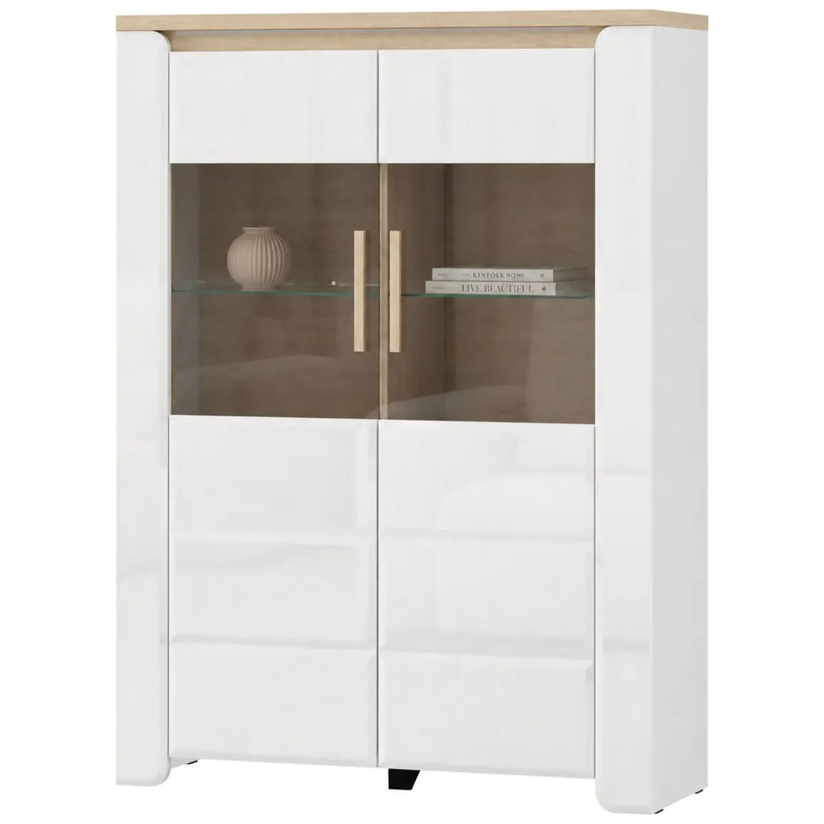 Vetrina Bianco Opaco Marrone Rovere 2 Ripiani 2 Ante 96x35x130h cm, Anta e Ripiani Dettaglio Vetro - Erto